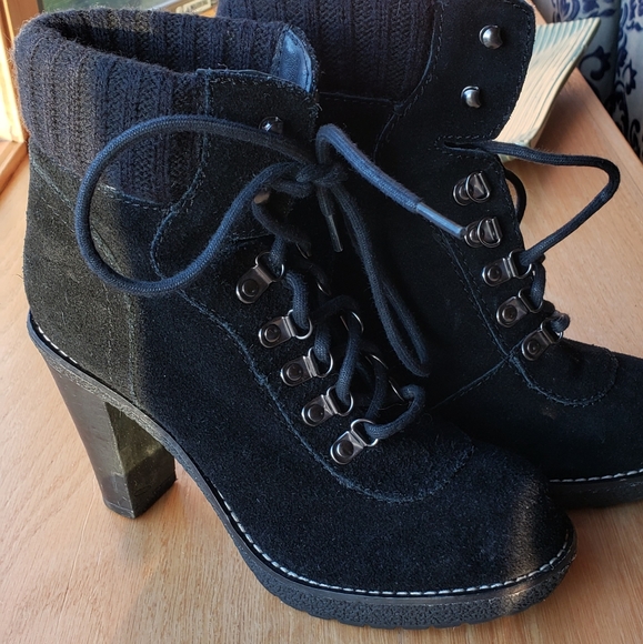 Hellie Pointed Toe Knee High Slouched Heeled Boot In Black  ENVY Hello black suede ankle boots